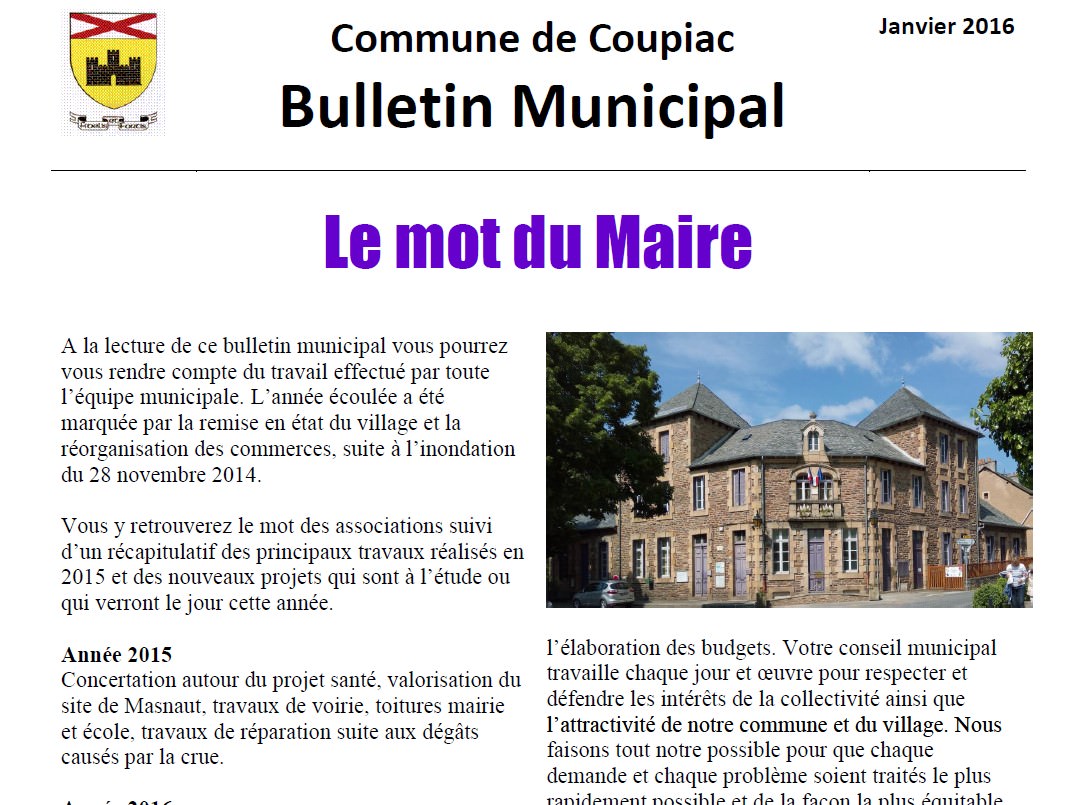 Coupiac bulletin municipal janvier 2016